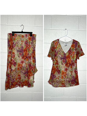 < Vintage KSL Karin Stevens Floral Patterned Skirt & Top Set >